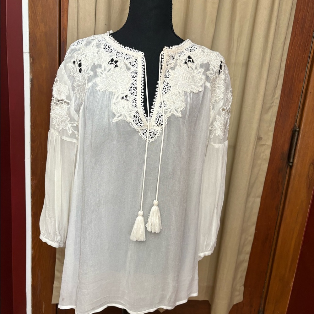 Chico's White beaded Embroidered Blouse